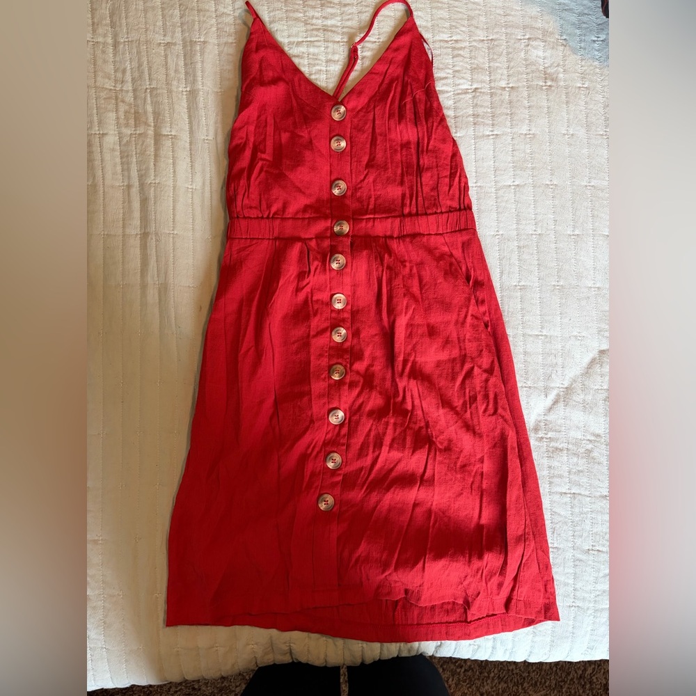Red Button-Front Midi Dress